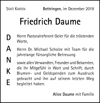 Traueranzeige von Friedrich Daume von Gmünder Tagespost