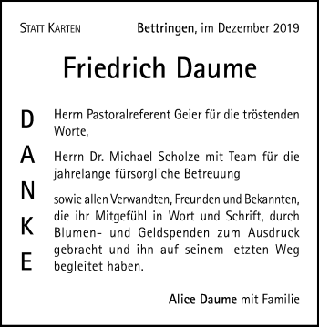 Traueranzeige von Friedrich Daume