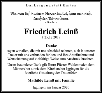 Traueranzeige von Friedrich Leinß von Gmünder Tagespost