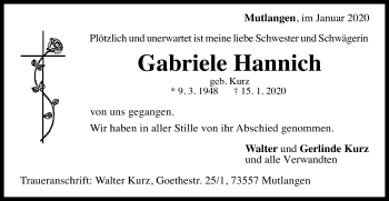 Traueranzeige von Gabriele Hannich von Gmünder Tagespost