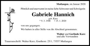 Traueranzeige von Gabriele Hannich