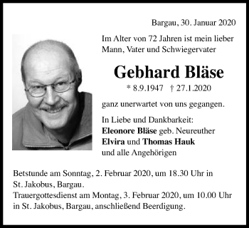 Traueranzeige von Gebhard Bläse von Gmünder Tagespost