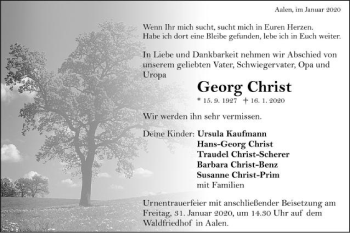 Traueranzeige von Georg Christ von Schwäbische Post