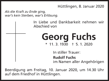 Traueranzeige von Georg Fuchs von Schwäbische Post
