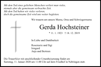 Traueranzeige von Gerda Hochsteiner von Gmünder Tagespost