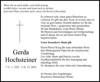 Traueranzeige von Gerda Hochsteiner von Gmünder Tagespost