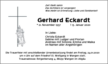 Traueranzeige von Gerhard Eckardt von Gmünder Tagespost