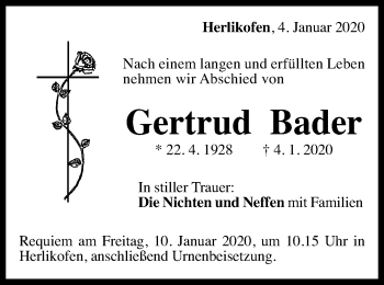 Traueranzeige von Gertrud Bader von Gmünder Tagespost