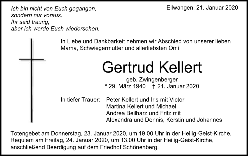  Traueranzeige für Gertrud Kellert vom 22.01.2020 aus Schwäbische Post