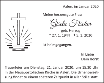 Traueranzeige von Gisela Fischer von Schwäbische Post