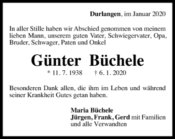 Traueranzeige von Günter Büchele von Gmünder Tagespost