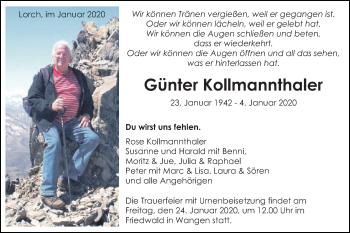 Traueranzeige von Günter Kollmannthaler von Gmünder Tagespost