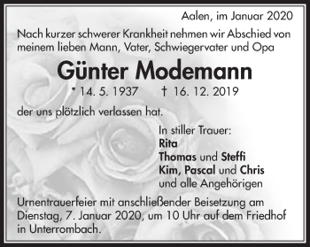 Traueranzeige von Günter Modemann von Schwäbische Post
