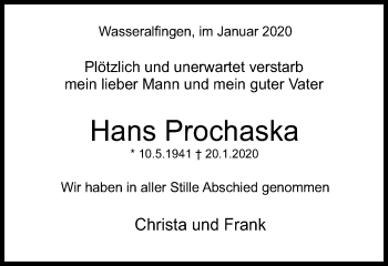 Traueranzeige von Hans Prochaska von Schwäbische Post