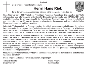 Traueranzeige von Hans Riek