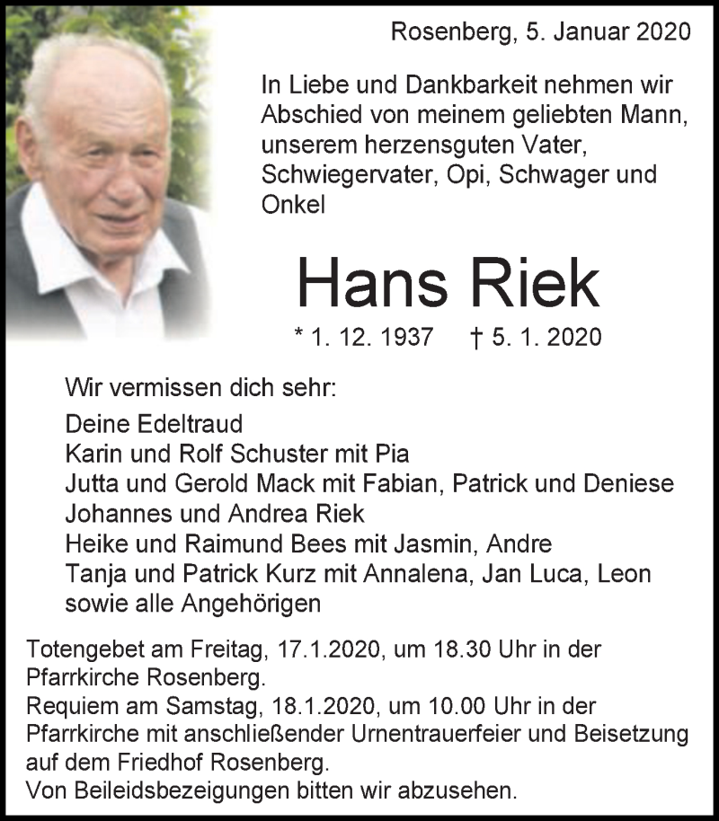  Traueranzeige für Hans Riek vom 13.01.2020 aus Schwäbische Post