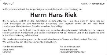 Traueranzeige von Hans Riek von Schwäbische Post