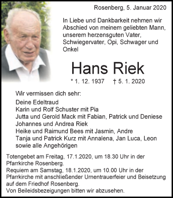 Traueranzeige von Hans Riek