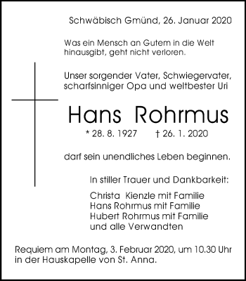 Traueranzeige von Hans Rohrmus von Gmünder Tagespost