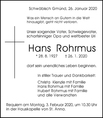 Traueranzeige von Hans Rohrmus