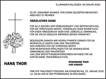 Traueranzeige von Hans Thor von Schwäbische Post