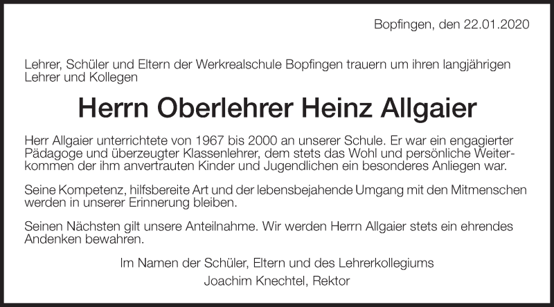  Traueranzeige für Heinz Allgaier vom 23.01.2020 aus Schwäbische Post