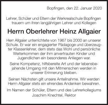 Traueranzeige von Heinz Allgaier von Bopfinger Stadtanzeiger