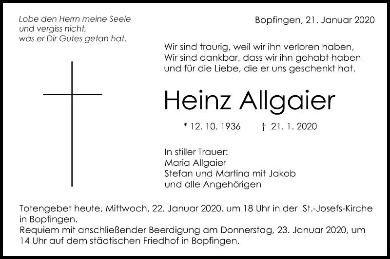  Traueranzeige für Heinz Allgaier vom 22.01.2020 aus Schwäbische Post