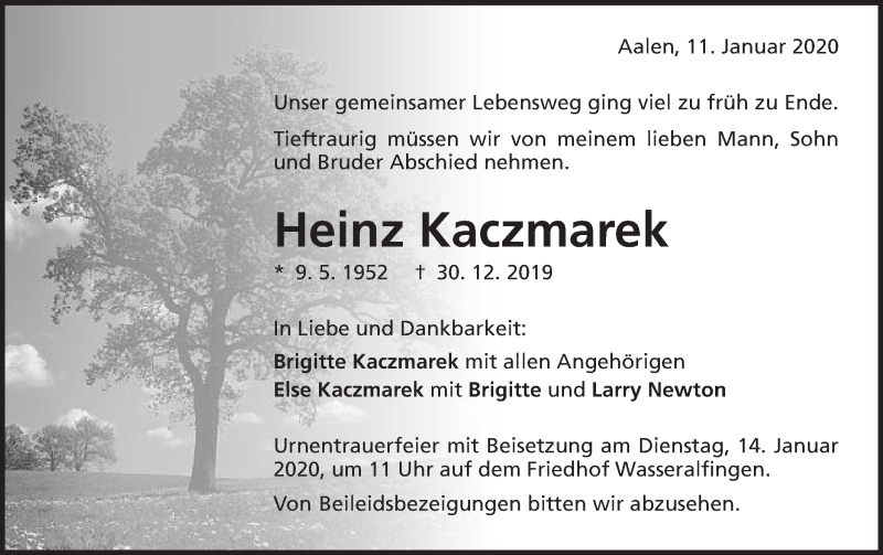  Traueranzeige für Heinz Kaczmarek vom 11.01.2020 aus Schwäbische Post