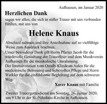 Traueranzeige von Helene Knaus von Schwäbische Post