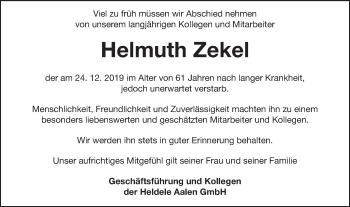 Traueranzeige von Helmuth Zekel von Schwäbische Post