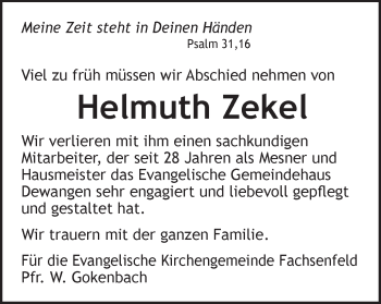 Traueranzeige von Helmuth Zekel von Schwäbische Post