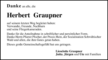 Traueranzeige von Herbert Graupner von Gmünder Tagespost