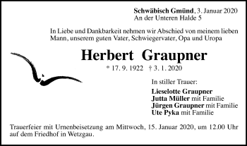 Traueranzeige von Herbert Graupner von Gmünder Tagespost