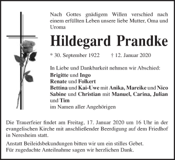 Traueranzeige von Hildegard Prandke von Schwäbische Post