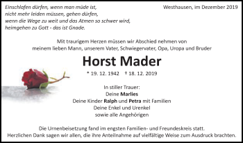 Traueranzeige von Horst Mader von Schwäbische Post