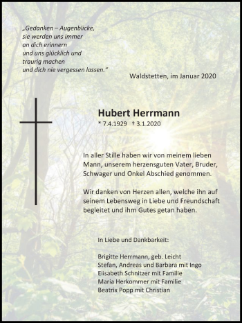 Traueranzeige von Hubert Herrmann von Gmünder Tagespost