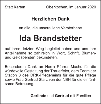 Traueranzeige von Ida Brandstetter von Amtsblatt_Oko