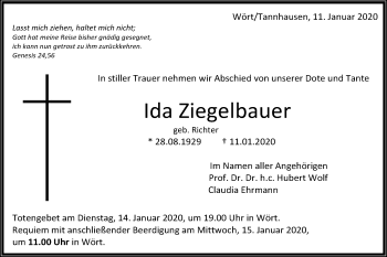 Traueranzeige von Ida Ziegelbauer von Schwäbische Post