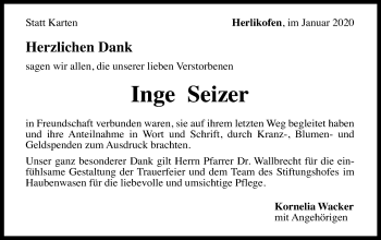 Traueranzeige von Inge Seizer von Gmünder Tagespost