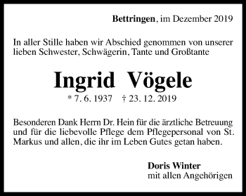 Traueranzeige von Ingrid Vögele von Gmünder Tagespost