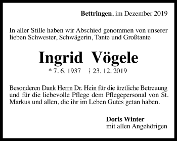 Traueranzeige von Ingrid Vögele