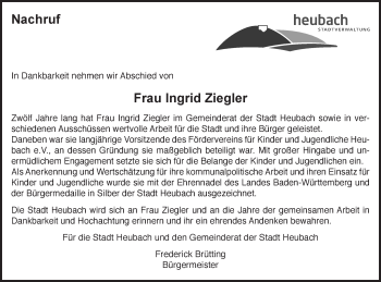 Traueranzeige von Ingrid Ziegler von Gmünder Tagespost