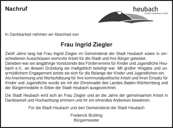 Traueranzeige von Ingrid Ziegler