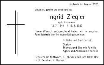 Traueranzeige von Ingrid Ziegler von Gmünder Tagespost