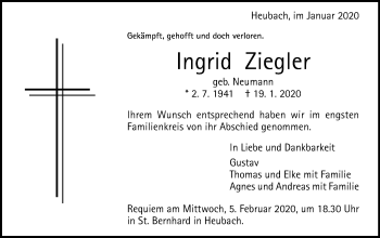 Traueranzeige von Ingrid Ziegler