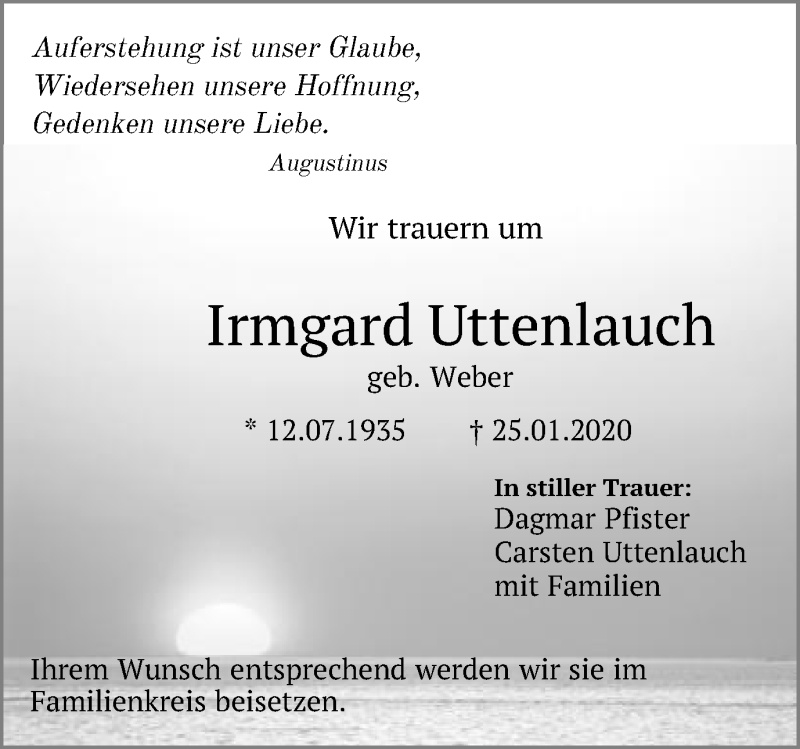  Traueranzeige für Irmgard Uttenlauch vom 28.01.2020 aus Schwäbische Post