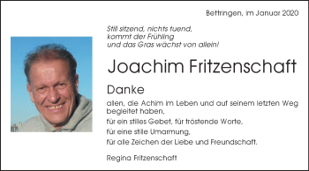 Traueranzeige von Joachim Fritzenschaft von Gmünder Tagespost