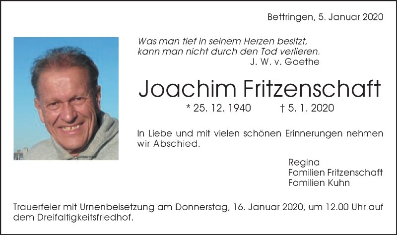  Traueranzeige für Joachim Fritzenschaft vom 11.01.2020 aus Gmünder Tagespost