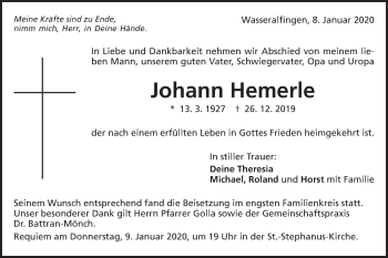 Traueranzeige von Johann Hemerle von Schwäbische Post